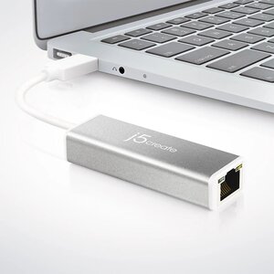 j5create JUE130 Gigabit Ethernet Adapter for Notebook, MacBook, Ultrabook - 10/100/1000Base-T, 100Base-TX - Silver - USB 3