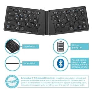 Targus Wireless Folding Keyboard - Antimicrobial - Bluetooth - US