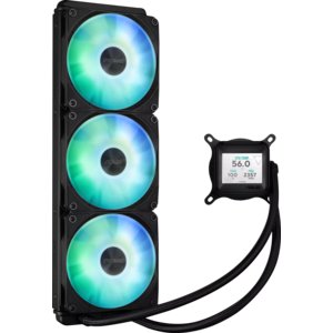 ASUS Prime LC ARGB LCD all-in-one CPU liquid cooler with sharp screen showcasing CPU & GPU information with different back