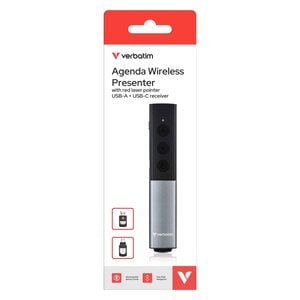 Verbatim Presentation Pointer - Radio Frequency - USB Type C, USB Type A - Laser - Grey - Wireless - 30 m - 2.40 GHz - Rec