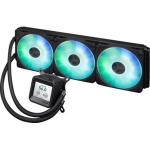 ASUS Prime LC ARGB LCD all-in-one CPU liquid cooler with sharp screen showcasing CPU & GPU information with different back