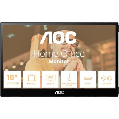AOC 16T20 15.6in 60Hz FHD IPS Portable Monitor 1920x1080 16:9 5ms 50m:1 Samrt Contrast 230 Nits Mini HDMI/USB-C HDR SPK Tilt