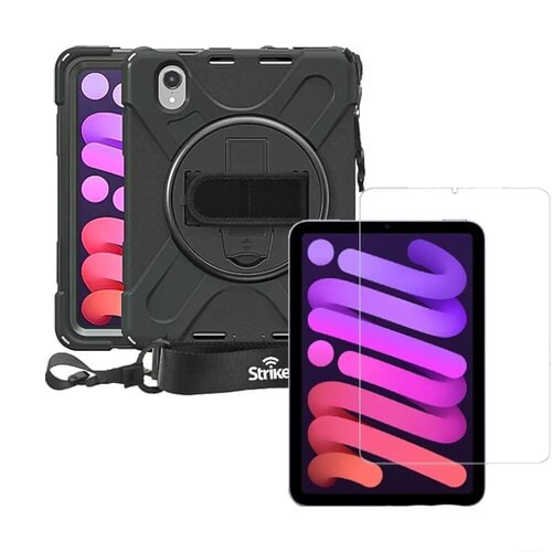 Strike Rugged Case with Hand Strap and Lanyard and Tempered Glass Screen Protector Bundle For Apple iPad Mini 7 / iPad Mini 6