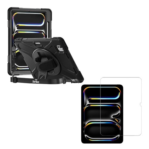 Strike Rugged Case with Hand Strap and Lanyard and Tempered Glass Screen Protector Bundle For Apple iPad Pro 11" 1st/2nd/3