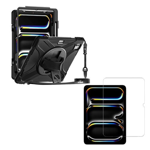 Strike Rugged Case with Hand Strap and Lanyard and Tempered Glass Screen Protector Bundle For Apple iPad Pro 13 2024