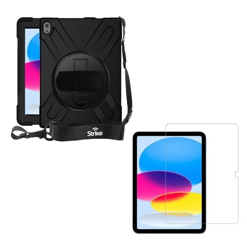 Strike Rugged Case with Hand Strap and Lanyard and Tempered Glass Screen Protector Bundle For Apple iPad 10.9" 10th Gen
