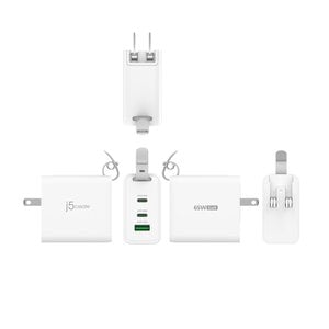 65W GaN USB-C 3-Port Traveler Charger with changeable AC plugs