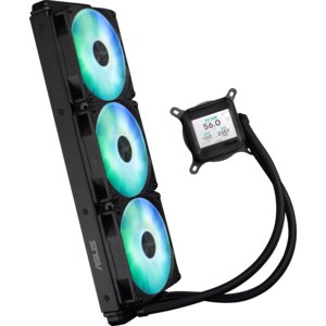 ASUS Prime LC ARGB LCD all-in-one CPU liquid cooler with sharp screen showcasing CPU & GPU information with different back
