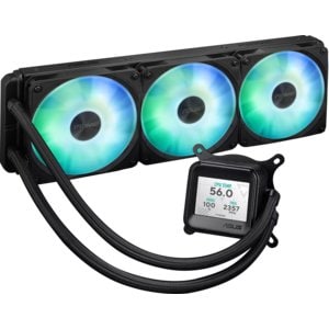 ASUS Prime LC ARGB LCD all-in-one CPU liquid cooler with sharp screen showcasing CPU & GPU information with different back