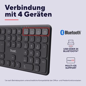 Trust Vaiya Tastatur - Full-size - Kabel/Kabellos Konnektivität - USB 3.0 Typ C Schnittstelle - Deutsch - Schwarz - Schere