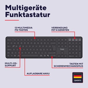 Trust Vaiya Tastatur - Full-size - Kabel/Kabellos Konnektivität - USB 3.0 Typ C Schnittstelle - Deutsch - Schwarz - Schere