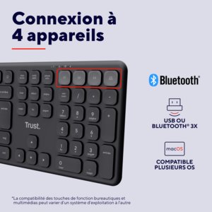 Trust Vaiya Clavier sans fil multi-appareils, noir - Connexion rapide sans fil 2,4GHz et 2x Bluetooth® - Confort de frappe