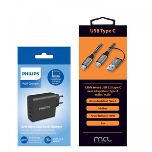 "Philips - Chargeur secteur 65W + câble tressé USB Type C - 2m

"