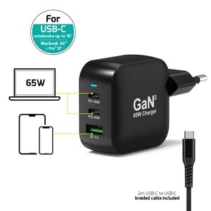Adaptateur secteur Port Connect - 65 W - Adaptateur universel - 2 USB Type-C - Pour PC, Smartphone, Tablette, Ordinateur P