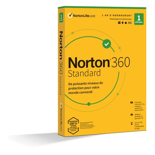 Norton Norton 360 Standard -1 Appareil - Secure VPN - Password Manager - Sauvegarde cloud pour PC 10 Go - Boîte Packing - 