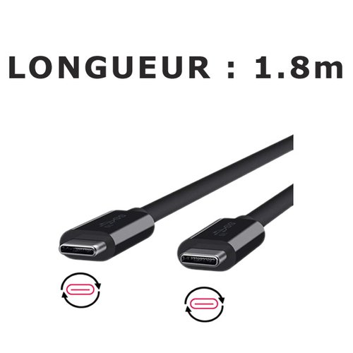 CABLE USB-C VERS USB-C - USB 2.0 - Longueur 1.8m - Courant supporté : 3.25A max (65W max) - Noir - Compatible tout apparei