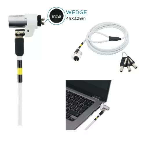 Câble de sécurité tête fine pivotante, avec verrou à clé, en acier, pour encoche Wedge. 