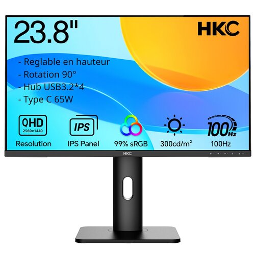 HKC Moniteur 23.8" IPS QHD 100Hz, HDMI*2+DP+Aout+Type C 65W+ Hub USB3.2*4, rotation 90°/reglable/ajustable en hauteur