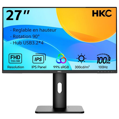 HKC Moniteur 27" FULL HD IPS 100Hz,  VGA+HDMI+DP+Aout+Hub USB3.2*4, rotation 90°/reglable/ajustable en hauteur