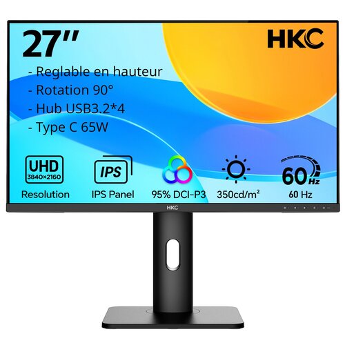 HKC Moniteur 27"IPS 4K UHD,60Hz HDMI*2+DP+Aout+Type C 65W+Hub USB3.2*4, rotation 90°/ reglable/ajustable en hauteur