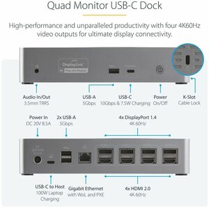 StarTech.com 15 Port(s) USB 3.2 (Gen 2) Type C Docking Station for Monitor, MacBook, Workstation - Charging Capability - B