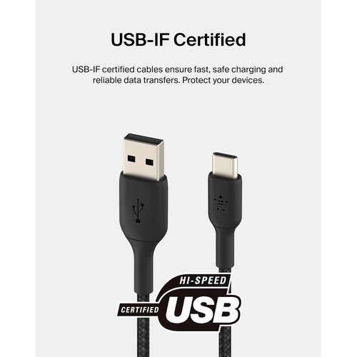 Belkin USB-IF Certified Braided 15W USB-A to USB-C (Type C) Fast Charging cable, 6.6 Feet / 2 Meter, Black