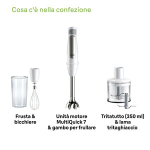 Braun MultiQuick 7 MQ7035I Minipimer Frullatore ad immersione Silver, Frullatore ad immersione, 0,6 L, Funzione PULSE, Tri