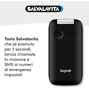 Beghelli SLV20N LITE ECODESIGN Nero, per anziani, tasti grandi, tasto di chiamata rapida di soccorso, a conchiglia