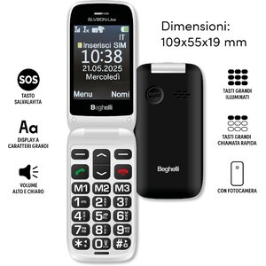 Beghelli SLV20N LITE ECODESIGN Nero, per anziani, tasti grandi, tasto di chiamata rapida di soccorso, a conchiglia