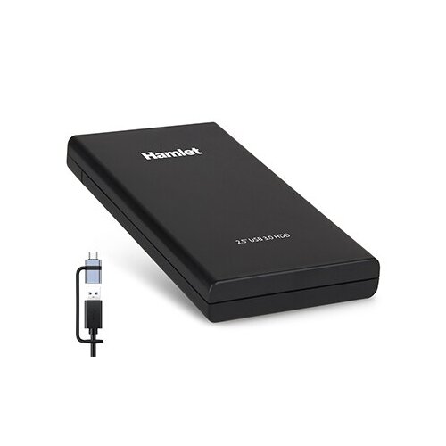 Hamlet Box Esterno per Hard Disk e SSD 2.5" SATA III. Doppia Connessione USB-A 3.0 + USB-C. 
Alimentazione diretta da Bus 