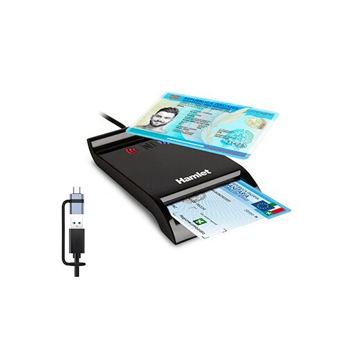 Hamlet Lettore Doppia Interfaccia USB-A + USB-C di Smart Card a Contatto e Wireless NFC per Carta Identità Elettronica CIE